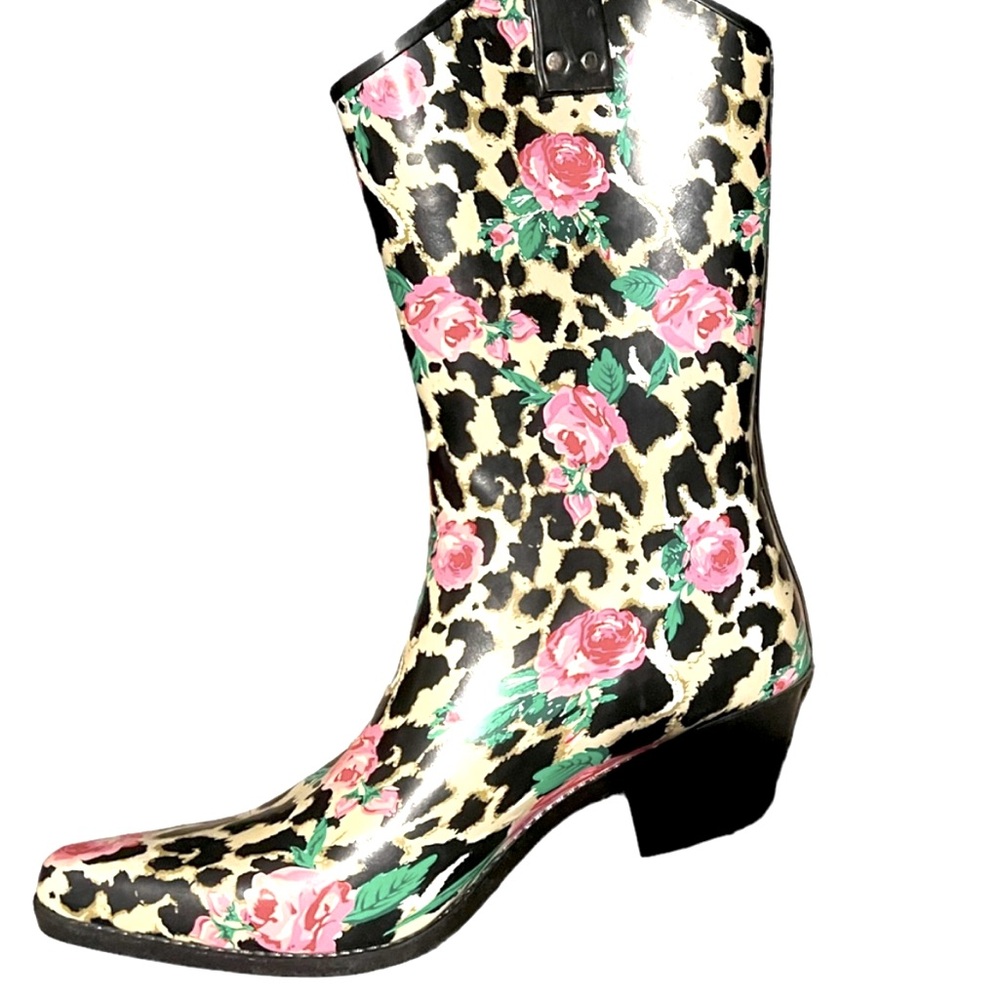 Nomad Rubber Rain Boots Cowgirl Western Pointed Toe Black Size 7 Cheetah Floral